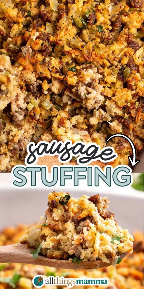 collage image of Sausage Stuffing. Dressing With Italian Sausage, Pepperidge Farm Stuffing With Sausage, Stuffing Recipes Southern, Spicy Sausage Stuffing Thanksgiving, Sausage Stuffing Crockpot Recipe, Stuffing With Sausage And Cranberries, Stuffing Recipes For Thanksgiving With Sausage Cornbread Dressing, Mushroom Sausage Stuffing, Sage Sausage Stuffing Jimmy Dean