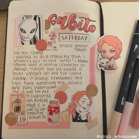 #anime #demonslayerart #sabito #journaling #aesthetic Tanjiro Journal, Sabito Demon Slayer Fanart, Sabito Official Art, Anime Journal Demon Slayer, Demon Slayer Sabito Fanart, Homemade Journal, Layered Art, Always Remember, Bullet Journal Ideas Pages