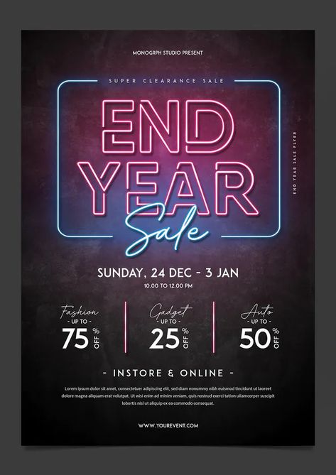 Year End Sale Poster Ideas, End Of Year Sale Poster, Neon Flyer Design, New Year Promotion Design, Year End Sale Poster Design, New Year Sale Design, Sale Flyer Design, End Of The Year Party, New Year Promotion