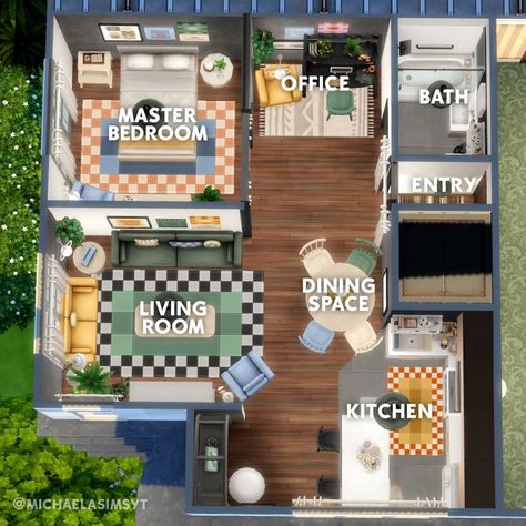 Cozy Colorful Apartment 💛 A small studio apartment with a colorful palette furnished mostly with the new Cozy Kitsch kit! The color scheme has pops of yellow, green, blue, and orange combined with both dark and light wood. No CC and Maxis Match the sims 4 floor plan || the sims 4 apartment || the sims 4 apartment ideas || sims 4 apartments || sims 4 apartment plans #EAPartner #thesims4 #simshouse #simsbuild #showusyourbuilds #sims4maxismatch #sims4housebuild #simshome #dreamhouse #sims Sims 4 Pinecrest Apartments 404, Sims 4 Color Palette, Sims 4 Appartement Plan, The Sims 4 Apartment Ideas, Sims 4 Small Apartment, Cozy Colorful Apartment, Sims 4 Luxury Apartment, Sims 4 Apartment Layout City Living, Apartment Ideas Sims 4