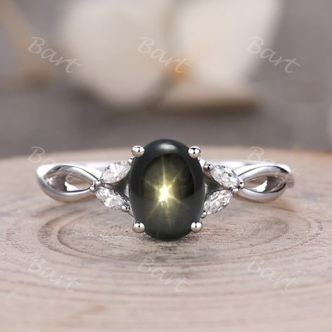 Black Sapphire Promise Ring, Saphire Wedding Ring, Black Star Sapphire Engagement Ring, Vintage Star Sapphire Ring, Gothic Sapphire Ring, Star Sapphire Ring Vintage, Star Sapphire Engagement Ring, Black Star Sapphire Ring, Star-shaped Sapphire Ring As Gift