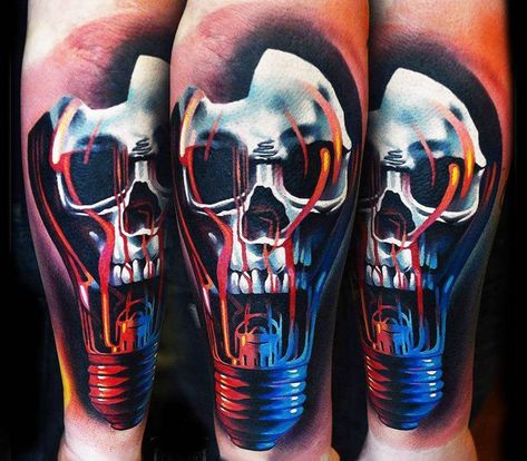 Light bulb skull tattoo by A D Pancho | Photo 14206 Lightbulb Tattoo, Badass Skulls, Skull Light, Sugar Skull Tattoos, World Tattoo, Most Popular Tattoos, Skull Tattoo Design, Top Tattoos, Tattoos Gallery