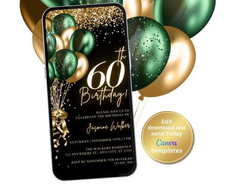 Emerald Green and Gold 60th Birthday Party Invite | Digital Phone Text Message Evite | Editable Template, Instant Download 60th Birthday Color Scheme, 60th Birthday Ideas For Mom Party, Emerald Green Theme, 60th Birthday Ideas For Mom, Birthday Ideas For Mom, Phone Text Message, Birthday Party Table Decorations, 60th Birthday Party Invitations, 60th Birthday Ideas