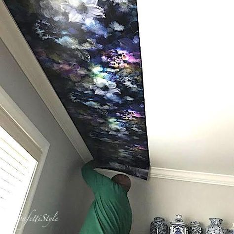 Wallpaper Bathroom Ceiling, Wallpaper On Ceiling, Wallpaper On The Ceiling, Redo House, Hang Wallpaper, Ceiling Diy, Scrabble Wall Art, Barn Houses, Ceiling Murals