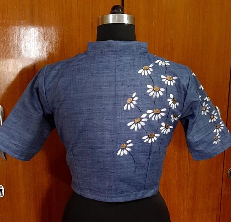 Handpainted khadi blouse. For queries contact 9874319973 Painting On Saree Blouse, Machine Embroidered Blouse Designs, Painting On Blouse Back, Painting Blouse Designs, Fabric Painting On Blouse Back, Hand Painted Blouse Designs, Handpainted Blouses, Blouse Painting Designs, Fabric Painting On Blouse