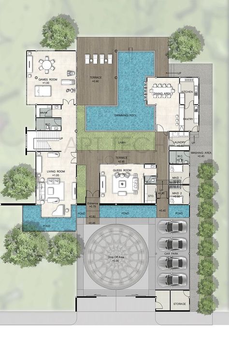 Vila Design 💵 Luxury House Resort Design Plan, Kings Landing, Modern Bungalow Exterior, Resort Plan, Luxury Plan, Courtyard House Plans, Architectural Floor Plans, Villa Plan, Architectural Design House Plans