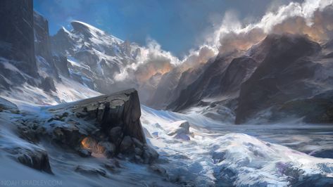 Spine of the World Noah Bradley, 2560x1440 Wallpaper, Reference Photos For Artists, A Place To Call Home, Snowy Mountain, Fantasy Setting, Fantasy Places, Matte Painting, Landscape Scenery