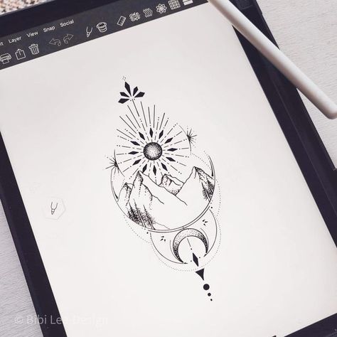 Sun And Moon Tattoo Sketch, Mountain Sun And Moon Tattoo, Sun Art Tattoo, Lea Tattoo, Eclipse Tattoo, Sun Dog, Geometric Line Tattoo, Moon Sun Tattoo, Sun Tattoo Designs