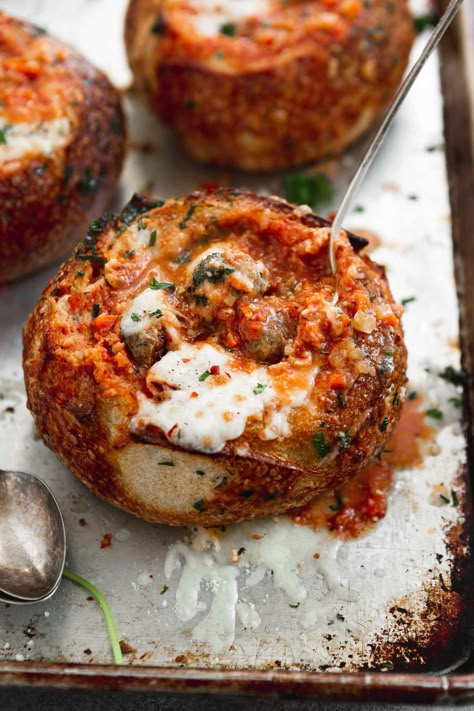 Bread Bowl Soup, Bread Bowl Recipe, Meatball Soup Recipes, Parmesan Meatballs, Fresh Bread Crumbs, Bread Soup, Oh Sweet Basil, Meatball Soup, Meatball Ingredients