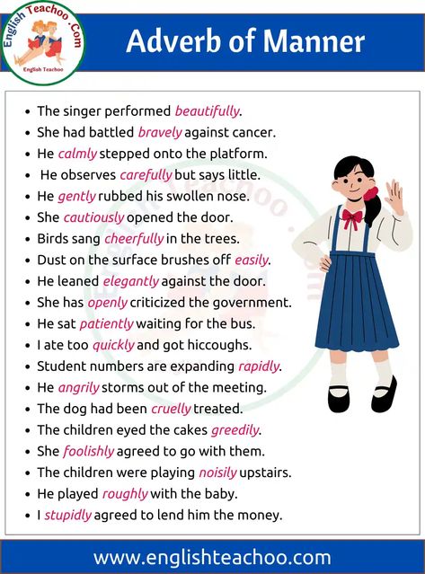 Adverb Of Manner Examples, Adverb Of Manner Worksheet, Sentence Adverbs, Adverb Sentences, Adverb Of Manner, Adjective Vocabulary, Adverb Examples, English Adverbs, Adverbs Sentences