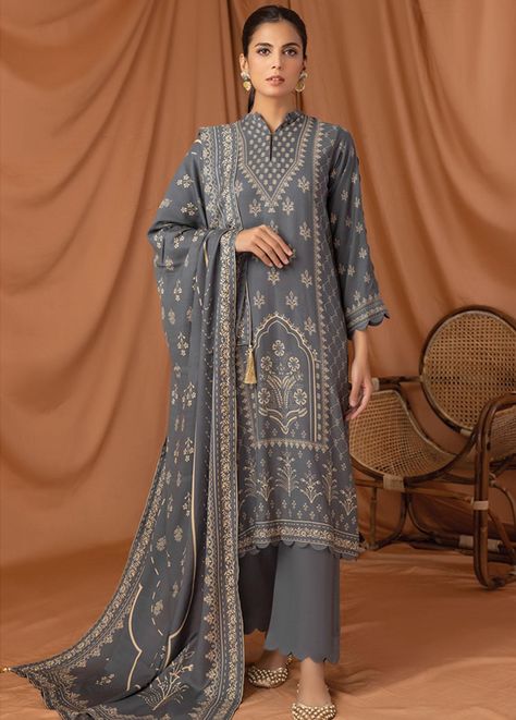 Lakhany Printed Pashmina Suits Unstitched 3 Piece LSM22P PPC-306-C - Winter Collection Winter Pashmina Suit Designs, Pashmina Suits Design, Pashmina Suit, Pashmina Suits, Suits Design, Printed Trousers, Suit Fabric, Asian Outfits, Pakistani Outfits