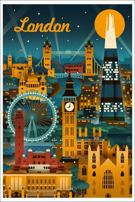 Amazon.com: London, England - Retro Skyline (12x18 Art Print Wall Decor Poster): Home & Kitchen London Poster, Retro Travel Poster, City Poster, London Skyline, Skyline Art, Dark Yellow, London Art, Poster Vintage, Illustrations And Posters