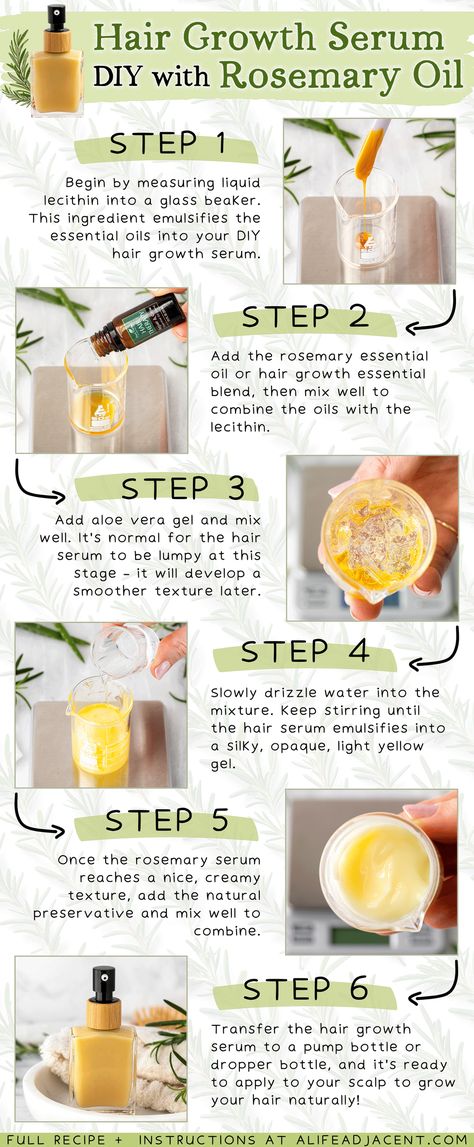 How to make DIY Hair Growth Serum with Rosemary Oil Infographic Diy Hair Growth Serum Recipe, Homemade Hair Growth Serum, Hair Serum Recipe, Infographic Tutorial, Homemade Hair Growth, Serum At Home, Homemade Hair Growth Oil, Diy Hair Serum, Natural Hair Serum