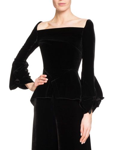 B3XUV Roland Mouret Wicklow Square-Neck Velvet Top Bell Sleeve Tops, Fancy Wedding Dresses, Flared Sleeves Top, Velvet Top, Roland Mouret, Young Fashion, Abaya Fashion, Velvet Tops, Dark Fashion