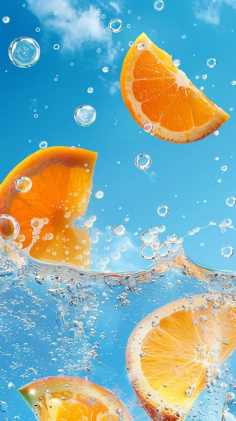 #OrangeSlices #BlueWater #Bubbles #SimpleDesign #High-definition #BrightColors #ClearDetails #FreshFeeling #NikonCamera #MobileWallpaper #9:16AspectRatio Orange Slice Wallpaper, Blue Colour Wallpaper, Fruit Splash, Inspirational Digital Art, Fruit Slices, Water Illustration, Frutiger Aero, Nikon Camera, Fruit Photography