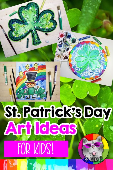 Celebrate St. Patrick's Day in your classroom with art projects, ideas, and activities for kids. These cute art projects for kids are suitable for teaching a range of art techniques and skills and can be done as either an artwork or craft. Read this post to find art ideas for kids, directed drawings, coloring pages, and St. Patrick's Day teacher shirts to make your St. Patty's Day celebration complete. Shamrock Art Projects, St Patrick's Day Art, Upper Elementary Art, Activity Ideas For Kids, Homeschool Adventures, Line Art Projects, Cute Art Projects, Shamrock Art, Art Ideas For Kids