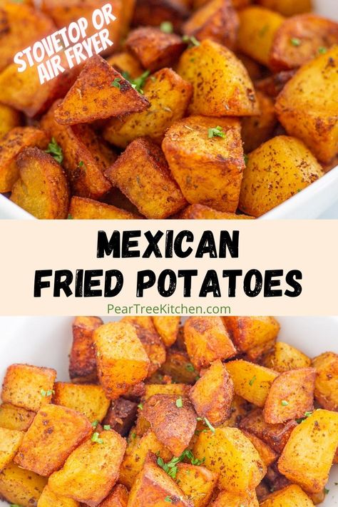 Give your potatoes new life with this simple Mexican Potatoes recipe for a delicious side dish with tons of flavor that can also be made in the Air Fryer! Spice your fried potatoes up a notch! Potato Egg And Cheese Tacos, Mexican Food With Potatoes, Side Dish With Tacos Dinners, Mexican Potatoes Air Fryer, Fiesta Potatoes Recipes, Air Fryer Potato Recipes Side Dishes, Mexican Fried Potatoes, Taco Tuesday Side Dishes, Sides For Tacos Dinner