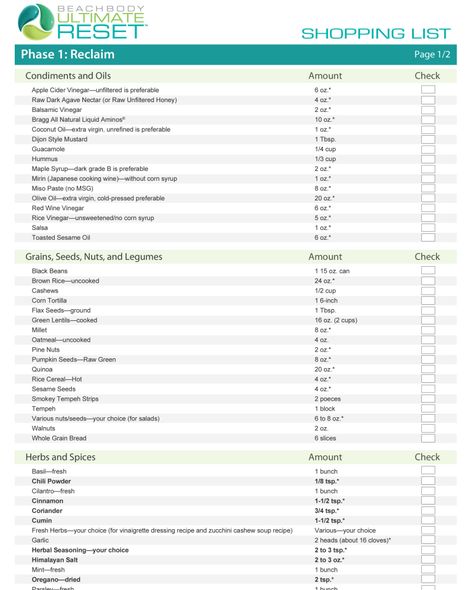 ultimate reset shopping list week 1 Ultimate Reset Phase 1, Ultimate Reset Meal Plan, Ultimate Reset Recipes, Reset Meal Plan, Reset Week, Beachbody Ultimate Reset, Beachbody 21 Day Fix, 3 Day Refresh, Ultimate Reset