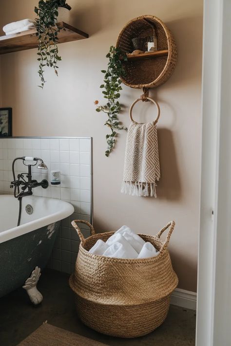 80+ Ways To Bring Boho Charm Into Your Small Bathroom Boho Bathtub Decor, Boho Jungle Bathroom, Boho Style Bathroom Ideas, Diy Boho Bathroom Decor, Boho Cottage Bathroom, Small Bathroom Styling, Thrifted Bathroom, Earthy Bathroom Ideas Natural, Modern Boho Bathroom Decor