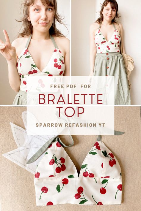 Sewing Bralette, Bralette Sewing Pattern, Sparrow Refashion, Bustier Pattern, Dress Sewing Patterns Free, Free Pdf Sewing Patterns, Sewing Projects Clothes, Free Pdf Pattern, Fashion Sewing Tutorials