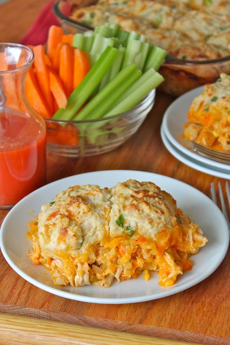 Buffalo Chicken Biscuit Bake | The BakerMama Chicken Biscuit Bake, Buffalo Chicken Wings Recipe, Chicken Biscuits, Chicken Biscuit, Cheesy Biscuit, Biscuit Bake, Cooking Chicken To Shred, Tasty Kitchen, Chicken Wing Recipes