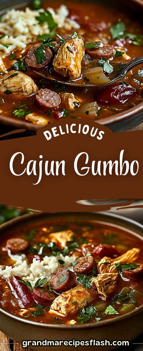 This hearty Cajun Chicken and Sausage Gumbo is packed with bold flavors, featuring tender chicken, smoky andouille sausage, and the holy trinity of Cajun cooking—bell peppers, celery, and onions. Serve it over fluffy white rice for a comforting meal that’s perfect for family dinners or entertaining guests Keilbasa Recipes Cajun, Chicken And Sausage Recipes Healthy, Crockpot Gumbo Chicken And Sausage, Creole Chicken And Sausage Gumbo, Duck And Andouille Gumbo, Gumbo Recipe No Seafood, Crock Pot Cajun Recipes, Smothered Okra With Chicken And Sausage, Cajun Ninja Gumbo Recipe