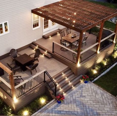 Outdoor Two Story Deck Ideas, 2 Story Deck With Pool, Deck Connecting Two Houses, Deck Patio Combo Ideas, Multi Level Deck With Hot Tub, 2nd Story Deck With Patio Underneath, Front Stairs, Deck Framing, Backyard Designs