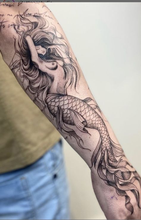 Dark Siren Tattoo, Siren Tattoo Design, Siren Tattoo Dark Mermaid, Mermaid Arm Tattoo, Pirate Sleeve, Dark Siren, Mermaid Sleeve Tattoos, Tatto Sleeve, Siren Tattoo