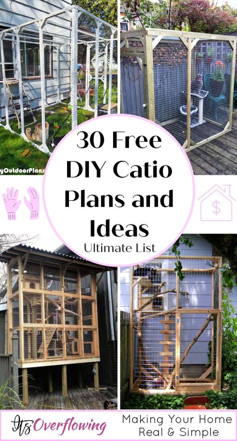 Learn how to build a catio with these 30 free DIY catio plans that include step by step instructions, materials and cut list. DIY outdoor cat enclosure! Outdoor Enclosures For Cats, Cat Cages Indoor Diy, Inside Cat Enclosure, Small Cattery Ideas, Diy Cat Catio Enclosure, Large Catio Plans, Diy Balcony Cat Enclosure, Cat Indoor Outdoor Enclosure, Cat Kennel Outdoor