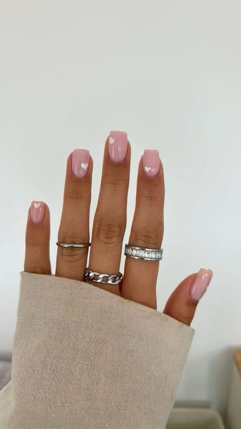 Short Nails Ideas With Hearts, Love Heart On Nails, Pink Biab Nails Short, Short Oval Biab Nails, Cute Basic Valentines Day Nails, Poly Gel Nail Inspo Short, Plain Nails With Heart, Gel Nails Heart Designs, Biab Nails Ideas