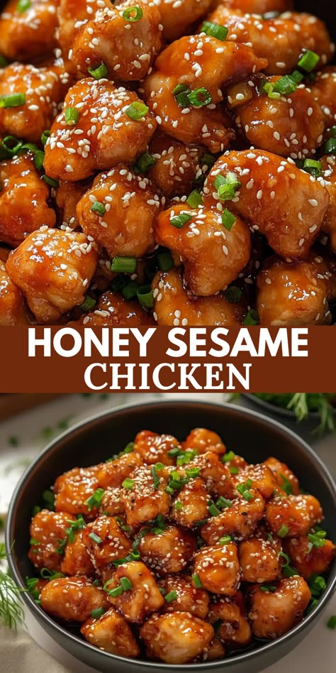 This Honey Sesame Chicken recipe is a delicious and quick weeknight meal combining the perfect balance of sweet and savory flavors.  In just 30 minutes, you can whip up a dish that’s sticky, flavorful, and perfect with rice or steamed veggies. Easy Sesame Chicken, Honey Sesame Chicken, Sesame Chicken Recipe, Asian Recipe, Chinese Cooking Recipes, Chinese Food Recipes, Chinese Chicken, Sesame Chicken, Honey Recipes