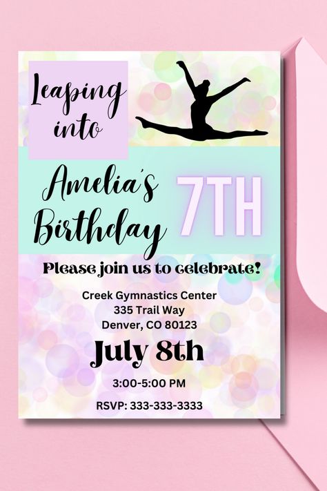 Gymnastics Party Invitations, Gymnastics Invitations, Gymnastics Birthday Invitations, Gymnastics Birthday Party, Gymnast Birthday Party, Castle Rock Colorado, Gymnastics Party, Gymnastics Birthday, Colorful Invitations