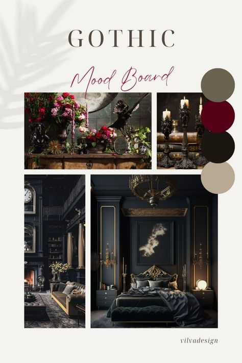 Gothic Mood Board, Gothic Moodboard, Gothic Interior Design, Farmhouse Color Scheme, Gothic Living Room, Interior Design Basics, Gothic Interior, Moody Interiors, Cute Furniture