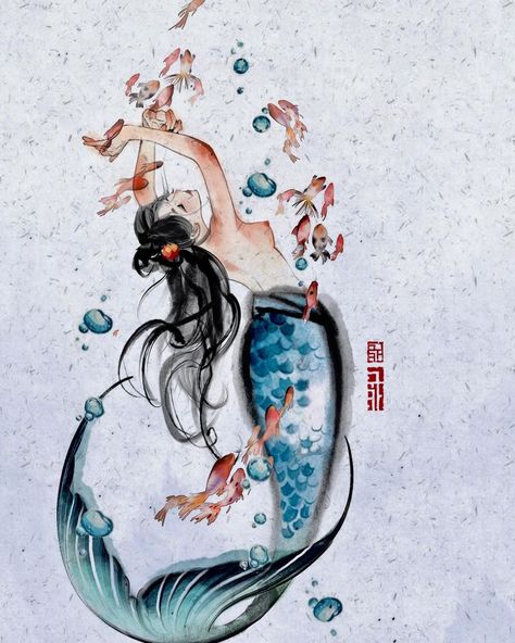 Japanese Mermaid, Comic Nails, Tattoo Water, Pretty Mermaids, Tattoo Me, Playlist Covers, Sirens, Watercolor Illustration, Japanese Art