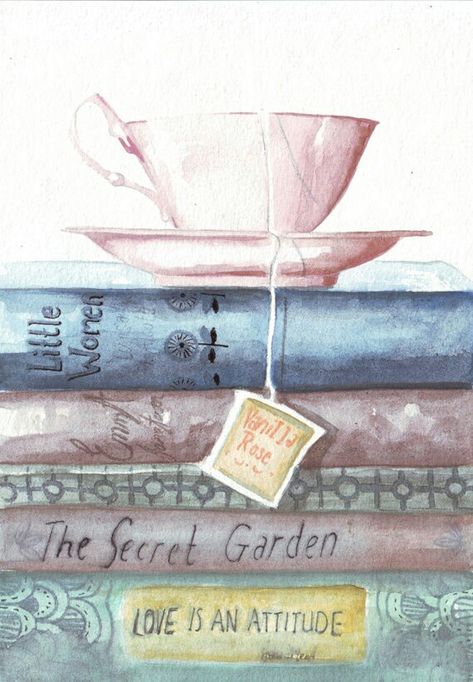 Teacup book stack Tee Kunst, A Stack Of Books, The Secret Garden, Tea Art, Watercolor Inspiration, Stack Of Books, Drawing Tutorials, Drawing Tips, Art Watercolor