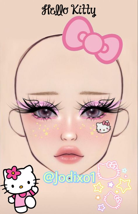 #hellokitty #makeup #facechart Cute Hello Kitty Makeup, Hello Kitty Girl Makeup, Hello Kitty Makeup Ideas, Hello Kitty Makeup Halloween, Hello Kitty Inspired Makeup, Hello Kitty Eye Makeup, My Melody Makeup Look, Sanrio Makeup Look, Hello Kitty Halloween Makeup