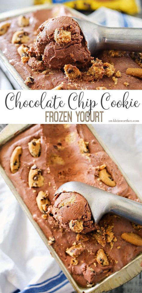 Chocolate Chip Cookie Frozen Yogurt Frozen Yogurt Recipe Healthy, Easy Frozen Yogurt, Chocolate Frozen Yogurt, Frozen Yogurt Recipe, Healthy Frozen Yogurt, Frozen Yogurt Recipes, Yogurt Bites, Yogurt Recipe, Frozen Dessert Recipe