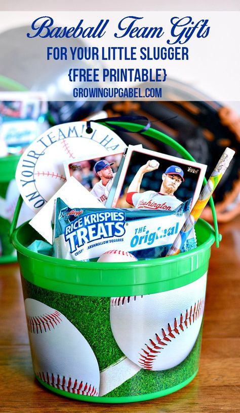 Need an idea for a sports team gift for your child's baseball team? Fill up a bucket with baseball gifts and Kellogg’s® Rice Krispies Treats®. Add our free baseball printable for a fun end of the season gift that's sure to be a hit! Tball End Of Season Gift, Baseball End Of Season Gift Kids, End Of Year Baseball Gifts For Players, Baseball Awards End Of Season, Baseball Team Gifts End Of Season, Softball Buckets, End Of Season Baseball Gifts For Players, Sports Easter Basket, Baseball Team Gifts