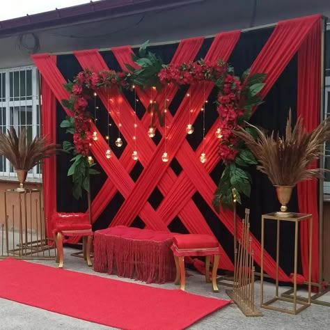 Diy Stage Decor, Banquet Stage Decorations, Red Event Decor, Diy Stage Backdrop, Christmas Stage Decor, Event Stage Design Backdrops, Small Stage Design, Christmas Decor Backdrop, Drapes Backdrop