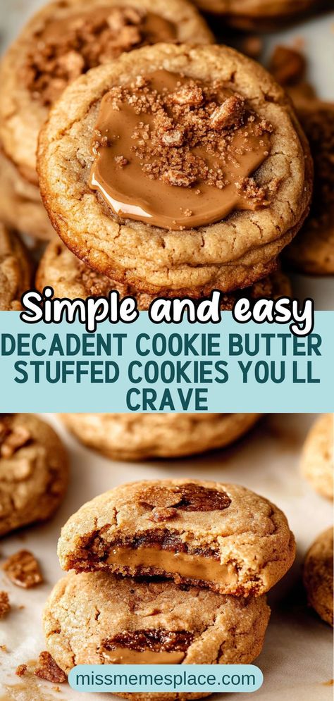 Sink your teeth into these decadent Cookie Butter-Stuffed Cookies that are sure to become your new favorite treat. With a soft and chewy exterior hiding a gooey, creamy cookie butter center, each bite is an indulgent experience. Perfect for sharing at parties or enjoying solo, this easy recipe uses simple ingredients you likely already have on hand. Get ready to impress your friends and family with these delightful dessert cookies that combine the nostalgic taste Oatmeal Stuffed Cookies, Cookies Made With Cookie Butter, Cookie Butter Cookie Recipes, Cookie Butter Stuffed Cookies, Cookie Butter Filling, Biscoff Cookie Butter Desserts, What To Do With Cookie Butter, Recipes Using Cookie Butter, Recipes With Cookie Butter