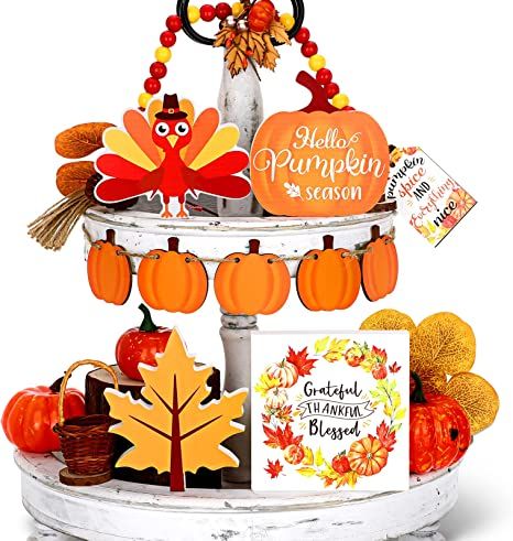 Pumpkin Wooden Signs, Farmhouse Tray Decor, Turkey Table, Rustic Table Centerpieces, Farmhouse Tiered Tray Decor, Fall Tiered Tray Decor, Farmhouse Tray, Wooden Bead Garland, Wooden Pumpkins