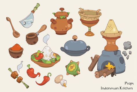 ArtStation - Props Cartoon - Indonesian Kitchen Alexandre Diboine, Indonesian Kitchen, Props Illustration, Props Concept, Props Art, Food Illustration Art, Isometric Art, Fantasy Props, Game Concept Art