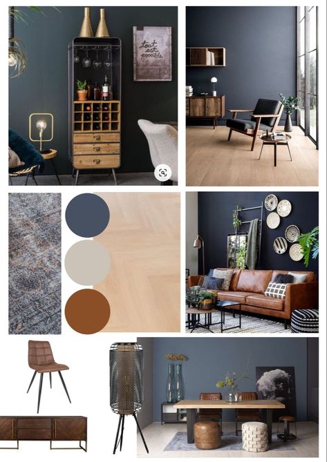 Decor For Dark Blue Walls, Navy Industrial Living Room, Navy Blue And Wood Living Room, Navy Living Room Color Scheme, Industrial Colour Palette, Navy Living Room Ideas, Masculine Color Schemes, Masculine Living Rooms, Navy Living Rooms