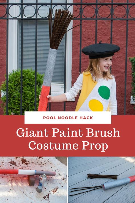 See how to make a giant paint brush costume prop with this free DIY tutorial! Make a big paintbrush for an artist Halloween costume or play. Start with a pool noodle from the dollar store and follow this tutorial to make your own DIY large paintbrush! #paintbrush #poolnoodle #DIY #costume #prop #paint #brush #artist Paintbrush Pool Noodle, Crayon Prop Diy, Diy Giant Paintbrush Prop, How To Make A Giant Paint Brush, Artist Halloween Costume Kids, Pool Noodle Paint Brush Diy, Giant Paintbrush Prop, Giant Paint Brush Prop, Diy Giant Paint Brush