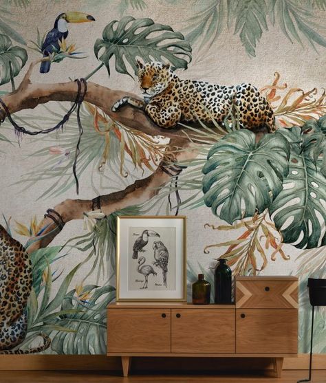 Wallpaper & Wall Murals • Wallmur® Safari Mural, Seaside Wallpaper, Peel N Stick Wallpaper, Jungle Bedroom, Mural Paintings, Leopard Wall, Jungle Wall, Jungle Room, Animal Mural