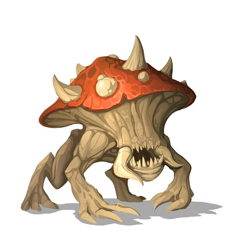 Mushroom Planet Drawing, Mushroom Monster Concept Art, Cute Monster Concept Art, Wooden Staff Concept Art, Mushroom Monster Art, Fungal Monster, Mushroom Creature Art, Hedgehog Monster, Mushroom Concept Art