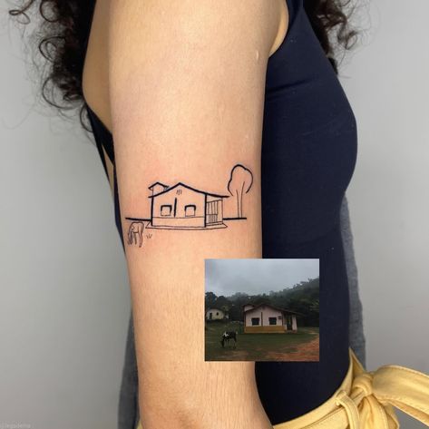 Fine Line House Tattoo, House Outline Tattoo, House Outline, House Tattoo, Home Tattoo, Minimal Home, Line Tattoos, Piercing Jewelry, Triangle Tattoo