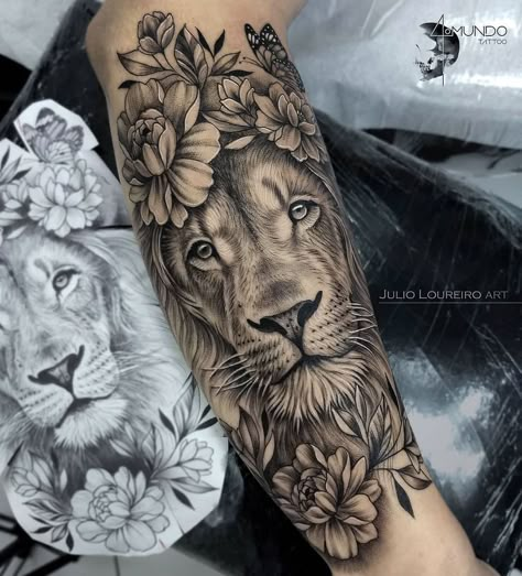 Lion And Flower Tattoo, Lion Flowers Tattoo, Lion Flower Tattoo, Lion Tattoo With Flowers, Bicep Tattoo Women, Lion Flower, Arm Sleeve Tattoos For Women, Inner Bicep Tattoo, Lioness Tattoo