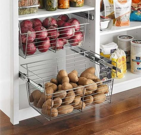 kitchen cabinet organizers storage baskets for vegetables Kitchen Drawers And Cabinets, Organization Systems, Kabinet Dapur, Kitchen Cupboard Designs, Diy Apartment Furniture, Kitchen Pantry Design, Kitchen Interior Design Decor, Diy Kitchen Storage, Furniture Small Spaces