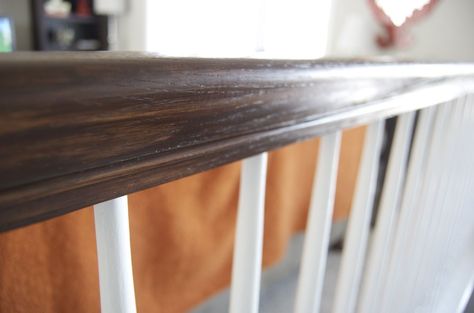 Before and After Gel Stained Stair Rail | matsutake Staining Stairs, Stairs Diy Renovation, Painted Banister, Refinish Stairs, Oak Banister, Redo Stairs, Diy Stair Railing, Stair Walls, Wrought Iron Stair Railing